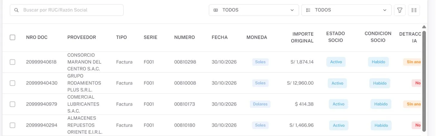 Listado de comprobantes con el estado y la condición de cada proveedor en
                    SUNAT, factura por factura.